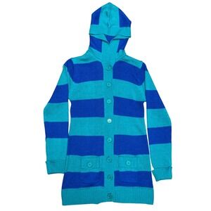 POOF EXCELLENCE | Size L | Retro Striped Hooded Cardigan Sweater | Blue Teal